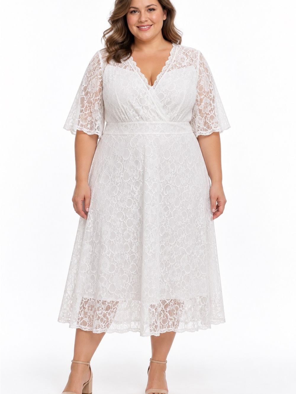 Plus Lace Midi Dress in White